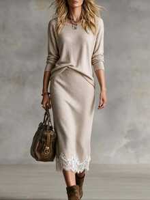 Omancia Spring/Autumn French Gentle Style Knitted 2-Piece Set, Round Neck Dropped Shoulder Long Sleeve Front Short Back Long Split Top + High Waist Mid-Length Lace Hem Skirt, Daily Commute Date Light Business Layering Versatile Elegant Style Women's Sweater Set - Apricot - View 1
