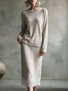 Omancia Spring/Autumn French Gentle Style Knitted 2-Piece Set, Round Neck Dropped Shoulder Long Sleeve Front Short Back Long Split Top + High Waist Mid-Length Lace Hem Skirt, Daily Commute Date Light Business Layering Versatile Elegant Style Women's Sweater Set - Apricot - View 3