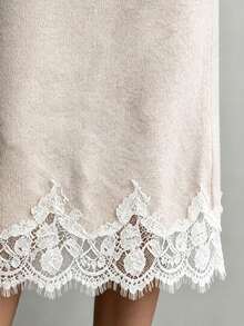 Omancia Spring/Autumn French Gentle Style Knitted 2-Piece Set, Round Neck Dropped Shoulder Long Sleeve Front Short Back Long Split Top + High Waist Mid-Length Lace Hem Skirt, Daily Commute Date Light Business Layering Versatile Elegant Style Women's Sweater Set - Apricot - View 6