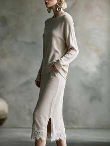 Omancia Spring/Autumn French Gentle Style Knitted 2-Piece Set, Round Neck Dropped Shoulder Long Sleeve Front Short Back Long Split Top + High Waist Mid-Length Lace Hem Skirt, Daily Commute Date Light Business Layering Versatile Elegant Style Women's Sweater Set - Apricot - View 7