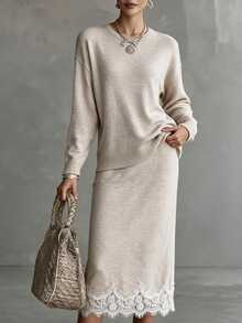 Omancia Spring/Autumn French Gentle Style Knitted 2-Piece Set, Round Neck Dropped Shoulder Long Sleeve Front Short Back Long Split Top + High Waist Mid-Length Lace Hem Skirt, Daily Commute Date Light Business Layering Versatile Elegant Style Women's Sweater Set - Apricot - View 5
