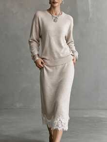 Omancia Spring/Autumn French Gentle Style Knitted 2-Piece Set, Round Neck Dropped Shoulder Long Sleeve Front Short Back Long Split Top + High Waist Mid-Length Lace Hem Skirt, Daily Commute Date Light Business Layering Versatile Elegant Style Women's Sweater Set - Apricot - View 4