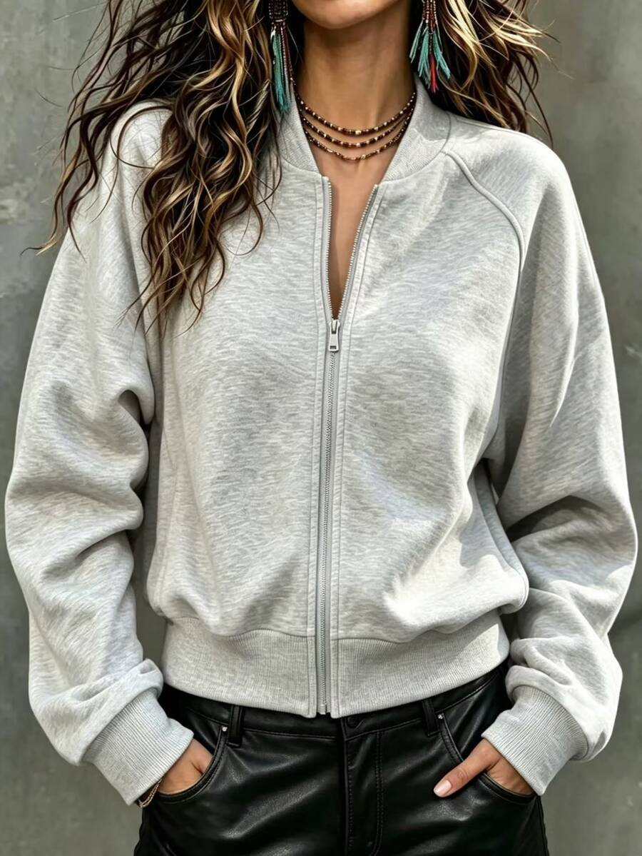 Trelyra Women's Minimalist Zip-Up Long Sleeve Versatile Sweatshirt For Daily Wear - Grey - View 1