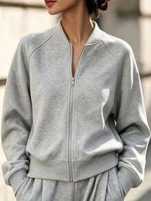 Trelyra Women's Minimalist Zip-Up Long Sleeve Versatile Sweatshirt For Daily Wear - Grey - View 2