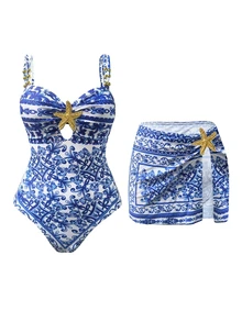 SHEIN Swim Setelan 2 Potong Wanita Motif Bintang Laut dan Manik-Manik, Baju Renang One-Piece Elegan untuk Liburan dengan Penutup - MultiWarna - View 5