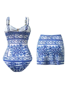SHEIN Swim Setelan 2 Potong Wanita Motif Bintang Laut dan Manik-Manik, Baju Renang One-Piece Elegan untuk Liburan dengan Penutup - MultiWarna - View 2