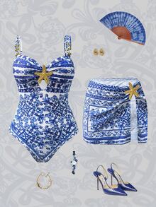 SHEIN Swim Setelan 2 Potong Wanita Motif Bintang Laut dan Manik-Manik, Baju Renang One-Piece Elegan untuk Liburan dengan Penutup - MultiWarna - View 6