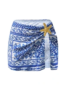 SHEIN Swim Setelan 2 Potong Wanita Motif Bintang Laut dan Manik-Manik, Baju Renang One-Piece Elegan untuk Liburan dengan Penutup - MultiWarna - View 3