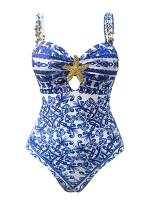 SHEIN Swim Setelan 2 Potong Wanita Motif Bintang Laut dan Manik-Manik, Baju Renang One-Piece Elegan untuk Liburan dengan Penutup - MultiWarna - View 4