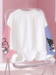 HELLO KITTY AND FRIENDS | SHEIN Sweatshirt Leher Bulat Motif Kartun Patchwork Blok Warna Ukuran Besar - Putih - View 2