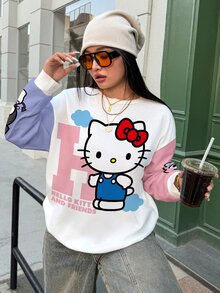 HELLO KITTY AND FRIENDS | SHEIN Sweatshirt Leher Bulat Motif Kartun Patchwork Blok Warna Ukuran Besar - Putih - View 3