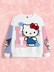 HELLO KITTY AND FRIENDS | SHEIN Sweatshirt Leher Bulat Motif Kartun Patchwork Blok Warna Ukuran Besar - Putih - View 6