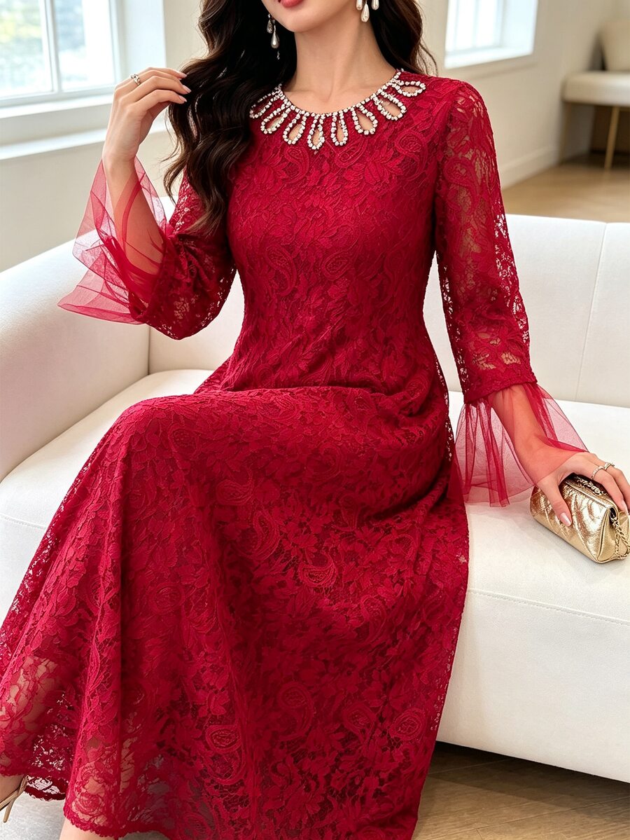 Al Najma Gaun Wanita Model Arab Kasual Elegan Sederhana untuk Pesta, Pembaptisan, dan Tamu dengan Motif Jala dan Patchwork, Cocok untuk Pernikahan dan Musim Dingin.