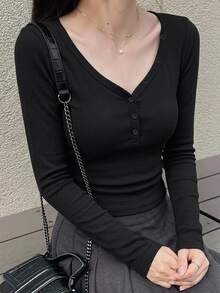 DAZY 女款純色修身百搭日常長袖T恤 - 黑色 - 查看 1