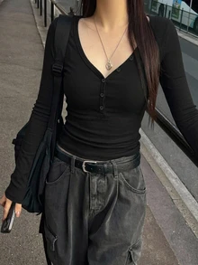 DAZY 女款純色修身百搭日常長袖T恤 - 黑色 - 查看 3