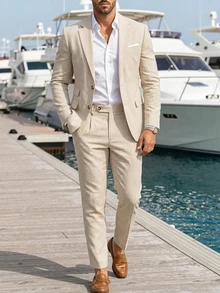 Manfinity Mode 2pcs Men's Solid Color Suit Set (Jacket & Trousers) Formal - Apricot - View 3
