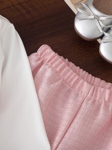女童對比色長袖上衣與喇叭褲套裝，適合日常上學、姐妹聚會、派對活動、戶外拍照、拜訪親友、郊外出遊等多種場合 - 粉色 - 查看 3