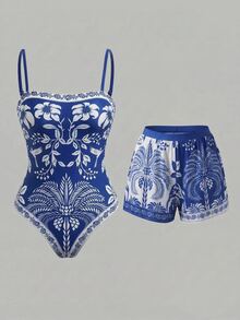 Swim Oasis 女款花卉印花連體泳衣與短褲套裝，適合海灘度假、泳池派對、海灘派對 - 藍白色 - 查看 3