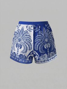 Swim Oasis 女款花卉印花連體泳衣與短褲套裝，適合海灘度假、泳池派對、海灘派對 - 藍白色 - 查看 7