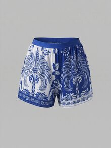 Swim Oasis 女款花卉印花連體泳衣與短褲套裝，適合海灘度假、泳池派對、海灘派對 - 藍白色 - 查看 6