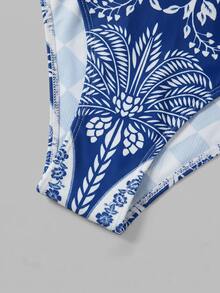 Swim Oasis 女款花卉印花連體泳衣與短褲套裝，適合海灘度假、泳池派對、海灘派對 - 藍白色 - 查看 10