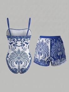 Swim Oasis 女款花卉印花連體泳衣與短褲套裝，適合海灘度假、泳池派對、海灘派對 - 藍白色 - 查看 2