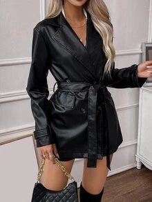 SHEIN Double Breasted Belted PU Leather Trench Coat Fall Winter Cloth For Women - Black - View 7