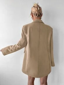 Ritzy Row Women's Casual Oversized Padded Shoulder Mid-Length Double-Breasted Blazer - Khaki - View 5