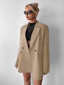 Ritzy Row Women's Casual Oversized Padded Shoulder Mid-Length Double-Breasted Blazer - Khaki - View 8