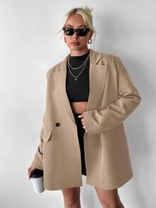 Ritzy Row Women's Casual Oversized Padded Shoulder Mid-Length Double-Breasted Blazer - Khaki - View 4