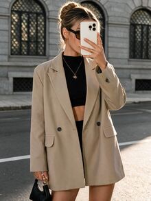 Ritzy Row Women's Casual Oversized Padded Shoulder Mid-Length Double-Breasted Blazer - Khaki - View 3
