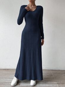 SHEIN Solid Color V-Neck Knit Fleece Long Sleeve A-Line Dress Maxi Women Outfit - Navy Blue - View 10