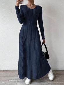 SHEIN Solid Color V-Neck Knit Fleece Long Sleeve A-Line Dress Maxi Women Outfit - Navy Blue - View 6