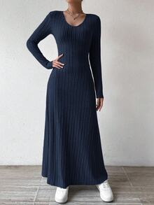 SHEIN Solid Color V-Neck Knit Fleece Long Sleeve A-Line Dress Maxi Women Outfit - Navy Blue - View 12