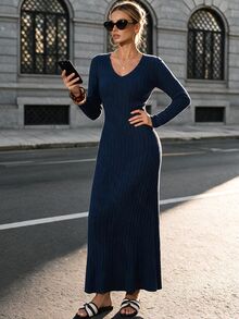 SHEIN Solid Color V-Neck Knit Fleece Long Sleeve A-Line Dress Maxi Women Outfit - Navy Blue - View 3
