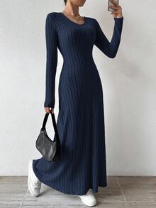 SHEIN Solid Color V-Neck Knit Fleece Long Sleeve A-Line Dress Maxi Women Outfit - Navy Blue - View 11