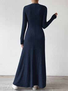 SHEIN Solid Color V-Neck Knit Fleece Long Sleeve A-Line Dress Maxi Women Outfit - Navy Blue - View 7