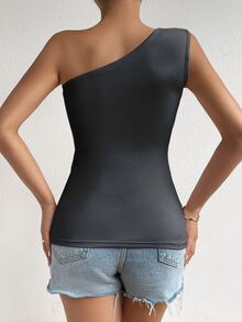SHEIN Women's Solid Color Asymmetric Neck Ruffle Sleeveless Blouse - Dark Grey - View 5