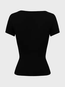 SHEIN Premium Pleated Fitted Solid Color Metal Ring Accent Niche Design Short Sleeve T-Shirt - Black - View 11