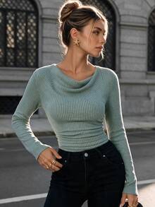 SHEIN Sage Green Vintage Asymmetrical Draped Cowl Neck Ribbed Top Women,Autumn Casual Everyday Textured Ruched Fitted Long Sleeve Knitted T-Shirt Tops - Green - View 2