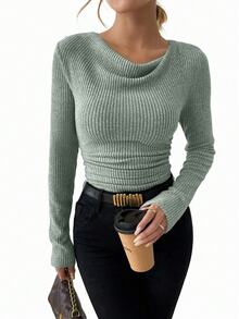 SHEIN Sage Green Vintage Asymmetrical Draped Cowl Neck Ribbed Top Women,Autumn Casual Everyday Textured Ruched Fitted Long Sleeve Knitted T-Shirt Tops - Green - View 5
