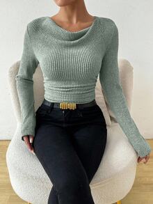 SHEIN Sage Green Vintage Asymmetrical Draped Cowl Neck Ribbed Top Women,Autumn Casual Everyday Textured Ruched Fitted Long Sleeve Knitted T-Shirt Tops - Green - View 8