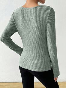 SHEIN Sage Green Vintage Asymmetrical Draped Cowl Neck Ribbed Top Women,Autumn Casual Everyday Textured Ruched Fitted Long Sleeve Knitted T-Shirt Tops - Green - View 6