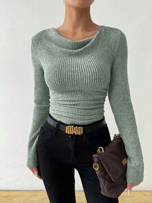 SHEIN Sage Green Vintage Asymmetrical Draped Cowl Neck Ribbed Top Women,Autumn Casual Everyday Textured Ruched Fitted Long Sleeve Knitted T-Shirt Tops - Green - View 11