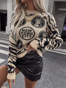 SHEIN New York City Jacquard Knit Sweater Everyday Beige Autumn Casual Street - Beige - View 6