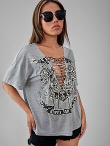 SHEIN SXY Skull Rack & Floral Print Ladder Cut Out Drop Shoulder Tee - Grey - View 5