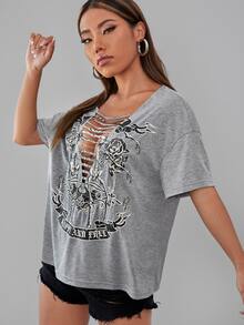 SHEIN SXY Skull Rack & Floral Print Ladder Cut Out Drop Shoulder Tee - Grey - View 4