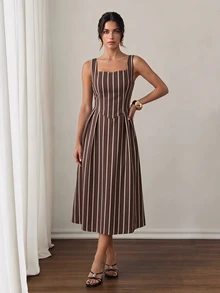 SHEIN Tall A Striped Casual Midi Dress For Tall Women, Perfect For Commuting. - Brown - View 1