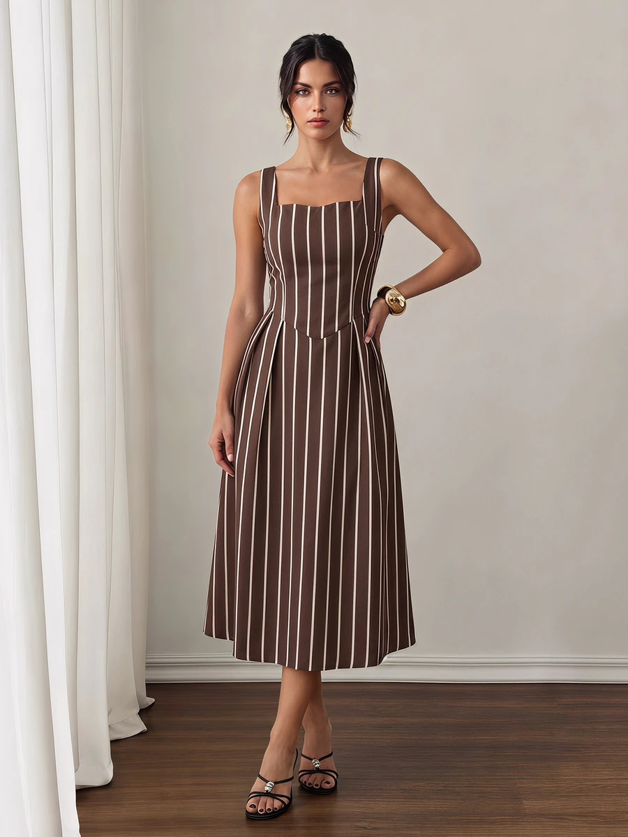 SHEIN Tall A Striped Casual Midi Dress For Tall Women, Perfect For Commuting. - Brown - View 1