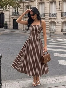 SHEIN Tall A Striped Casual Midi Dress For Tall Women, Perfect For Commuting. - Brown - View 5